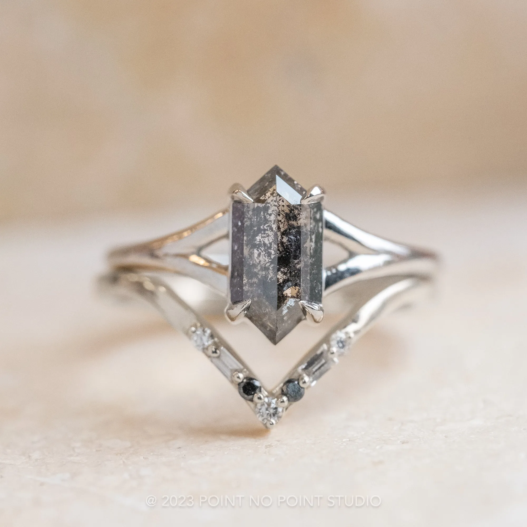 1 Carat Black Speckled Hexagon Diamond Engagement Ring, Split Shank Jane Setting, Platinum