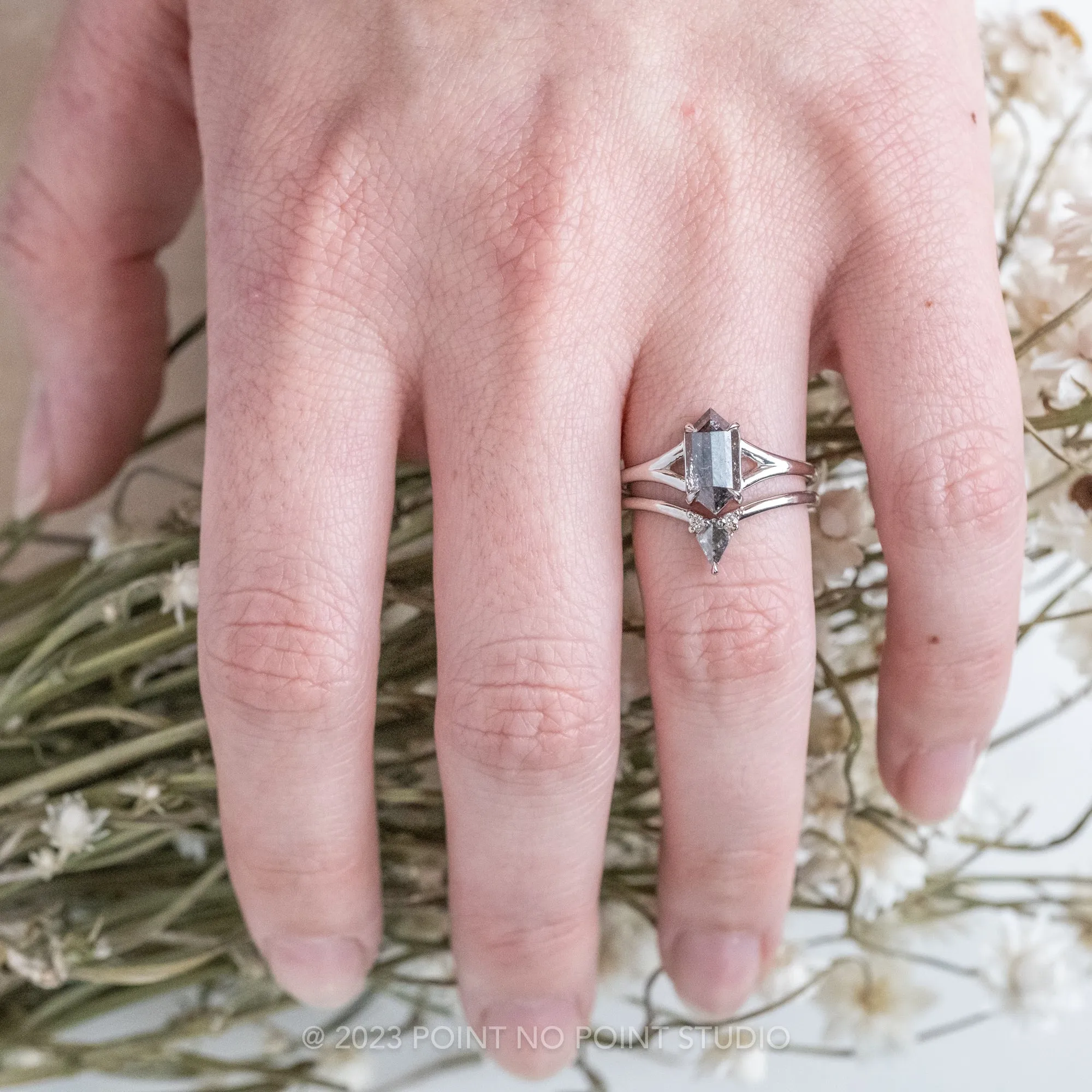 1 Carat Black Speckled Hexagon Diamond Engagement Ring, Split Shank Jane Setting, Platinum