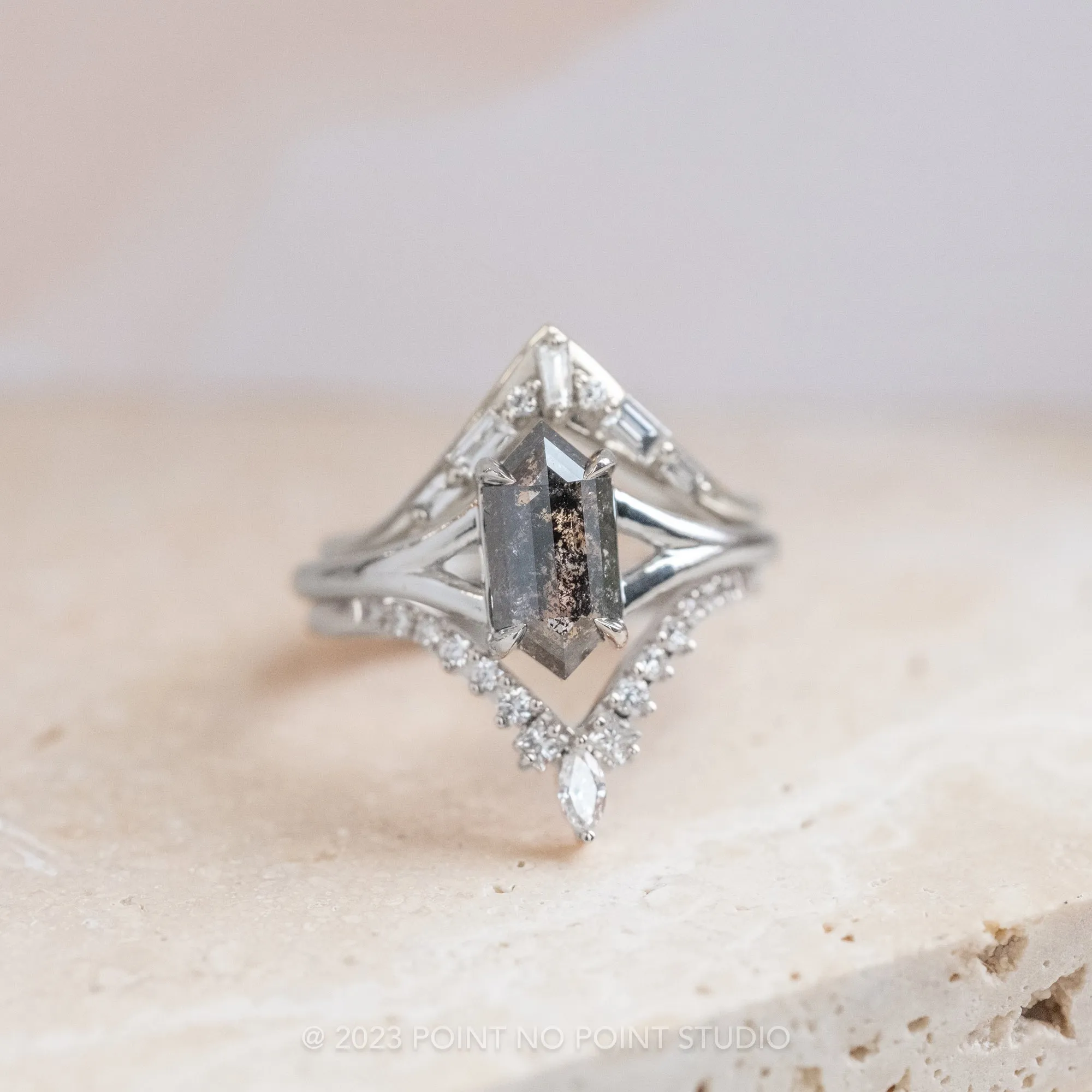 1 Carat Black Speckled Hexagon Diamond Engagement Ring, Split Shank Jane Setting, Platinum