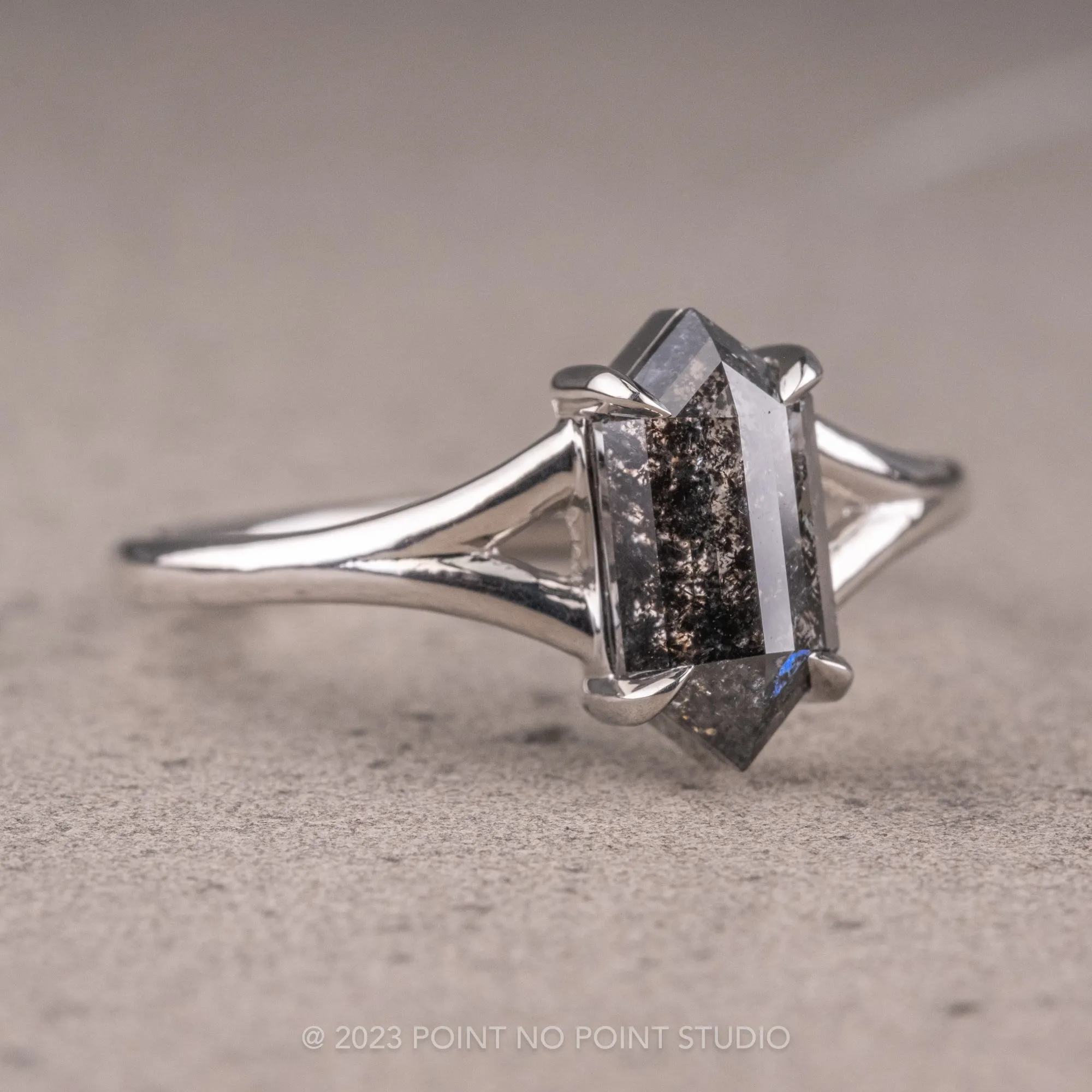 1 Carat Black Speckled Hexagon Diamond Engagement Ring, Split Shank Jane Setting, Platinum