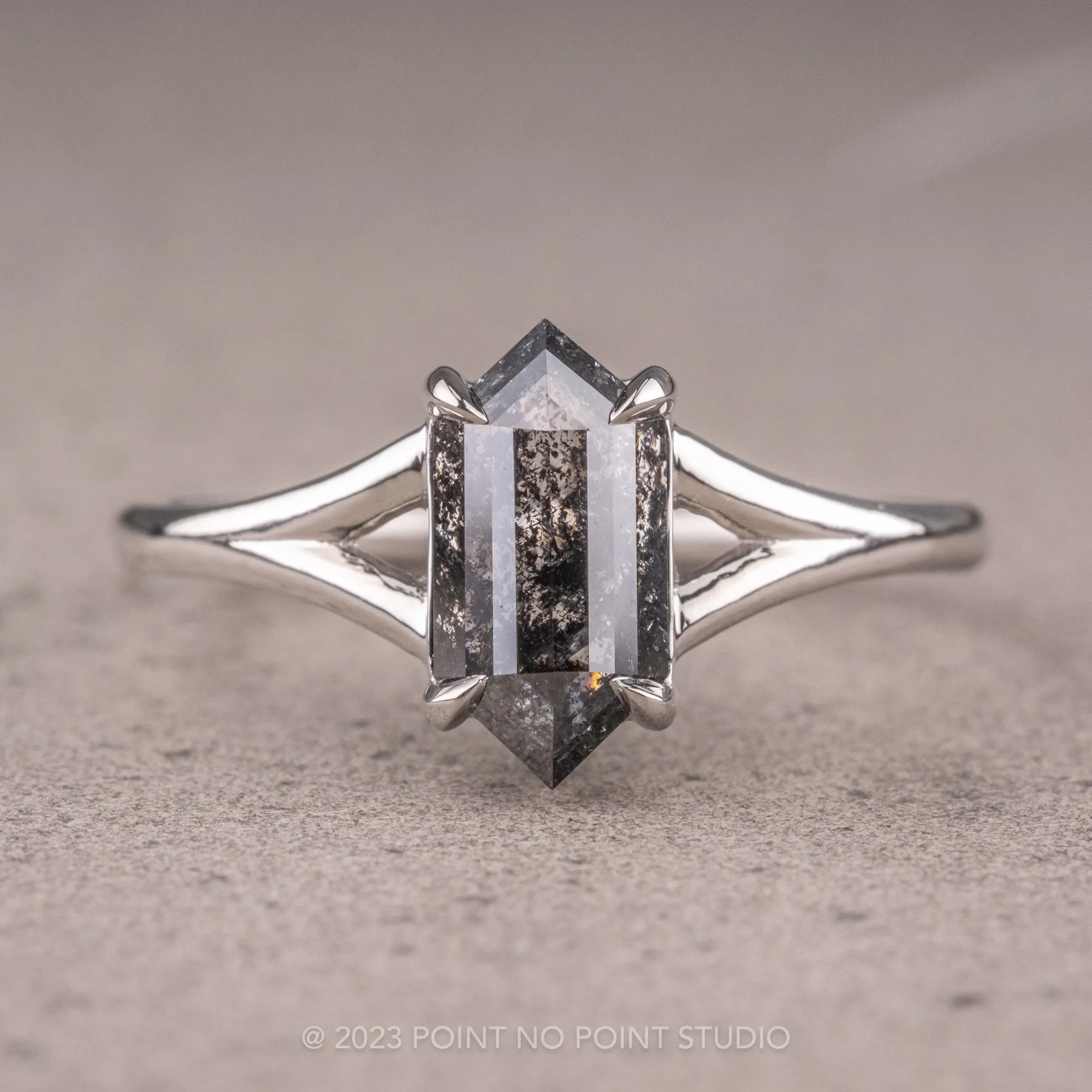1 Carat Black Speckled Hexagon Diamond Engagement Ring, Split Shank Jane Setting, Platinum