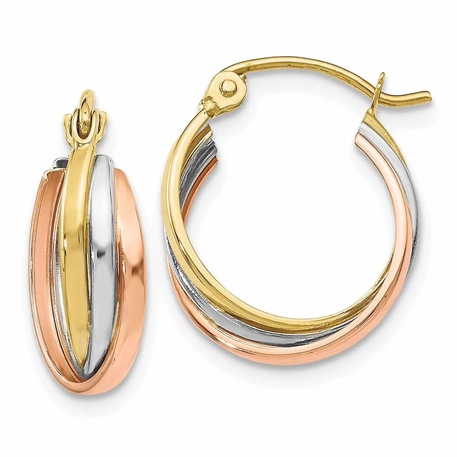 10kt Tri-color Polished Hinged Hoop Earrings