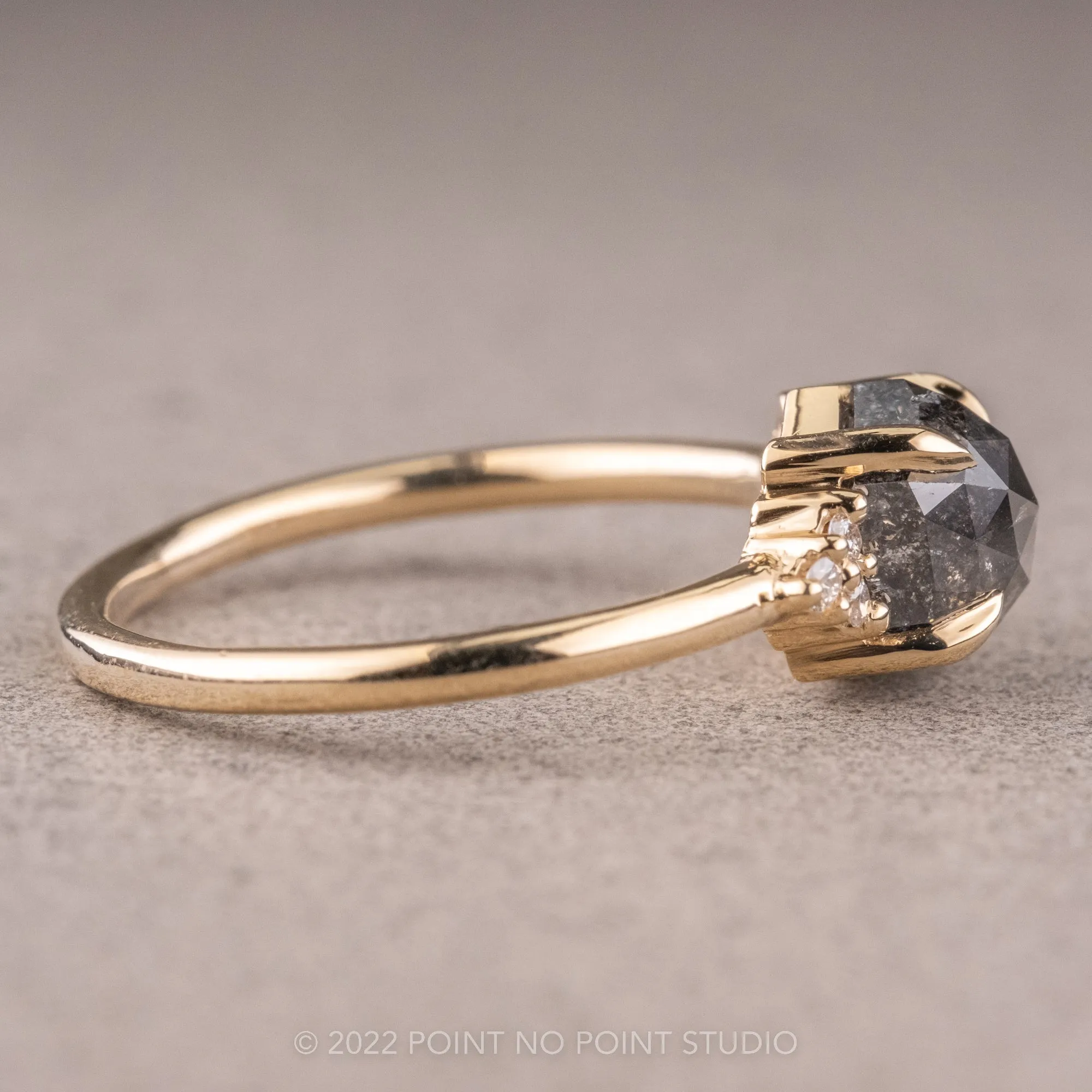 1.13 Carat Salt and Pepper Hexagon Engagement Ring, Quinn Setting, 14k Yellow Gold
