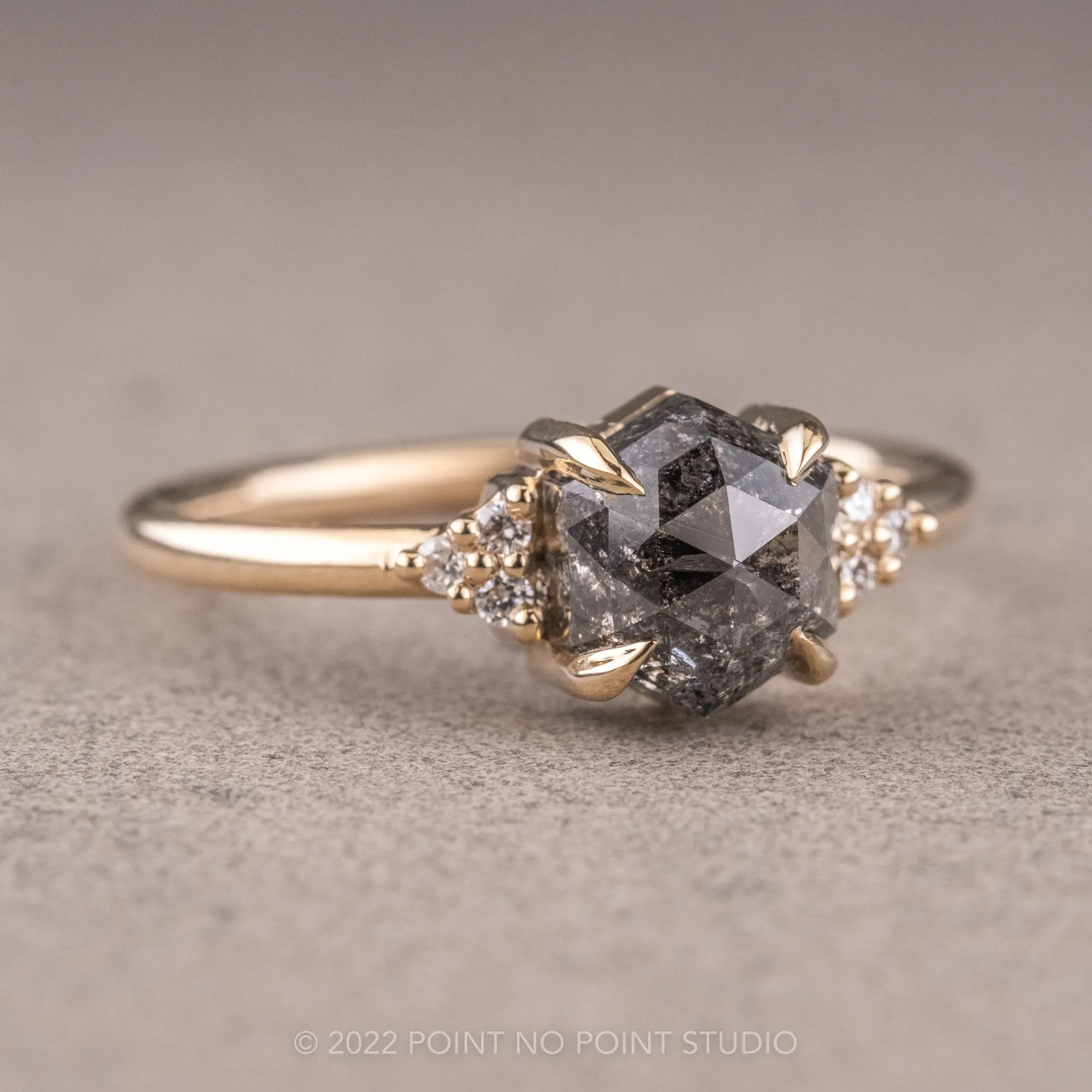 1.13 Carat Salt and Pepper Hexagon Engagement Ring, Quinn Setting, 14k Yellow Gold