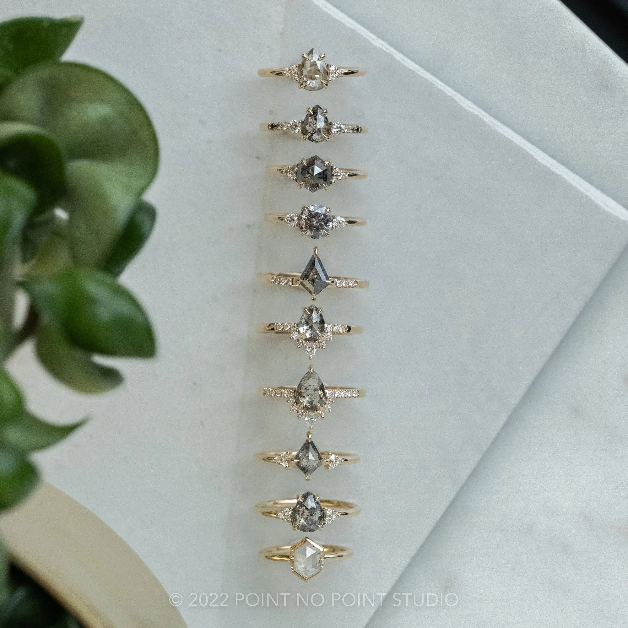1.13 Carat Salt and Pepper Hexagon Engagement Ring, Quinn Setting, 14k Yellow Gold