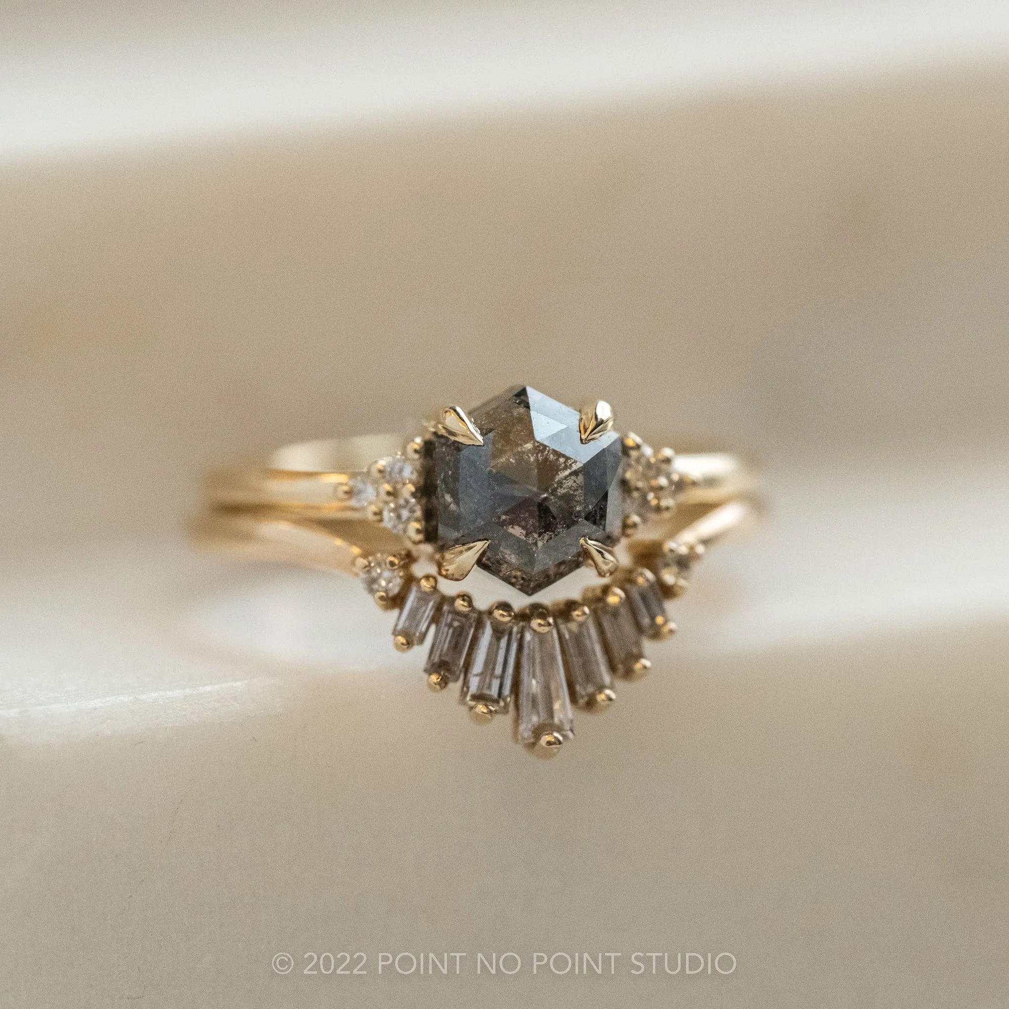 1.13 Carat Salt and Pepper Hexagon Engagement Ring, Quinn Setting, 14k Yellow Gold