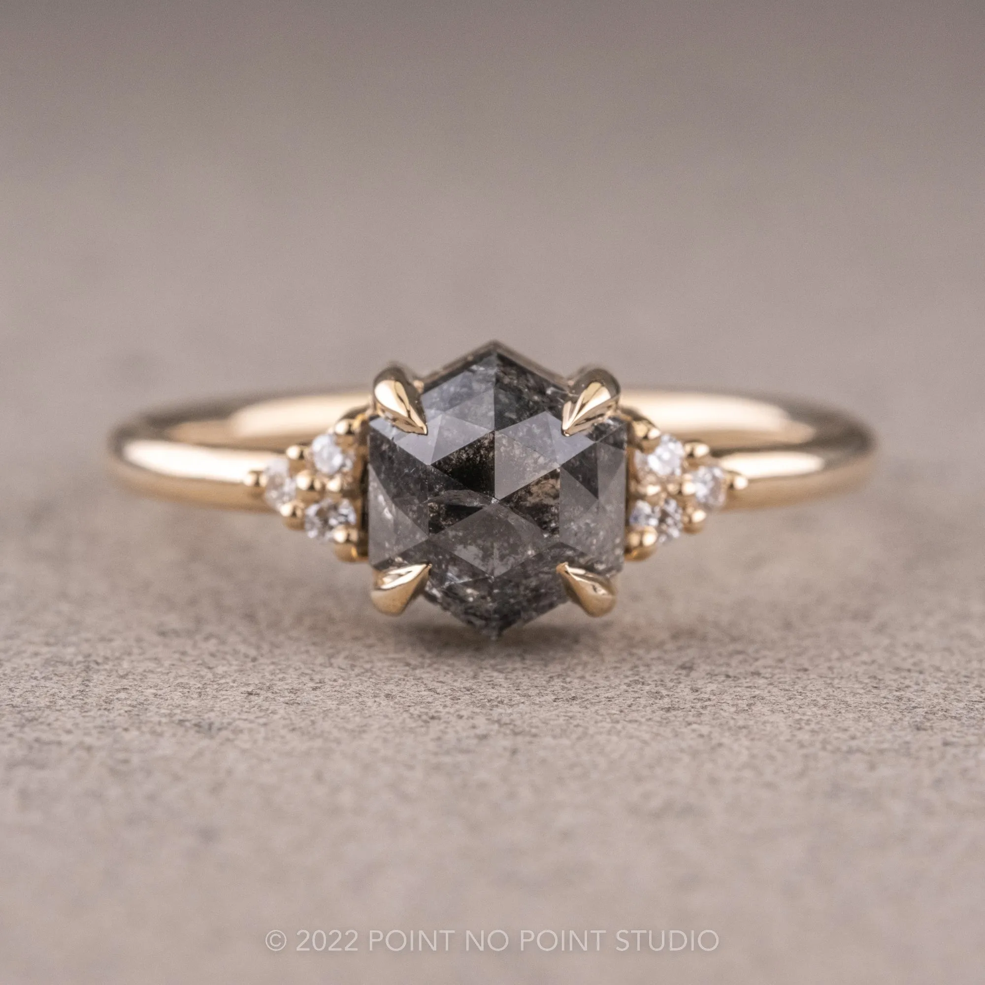 1.13 Carat Salt and Pepper Hexagon Engagement Ring, Quinn Setting, 14k Yellow Gold
