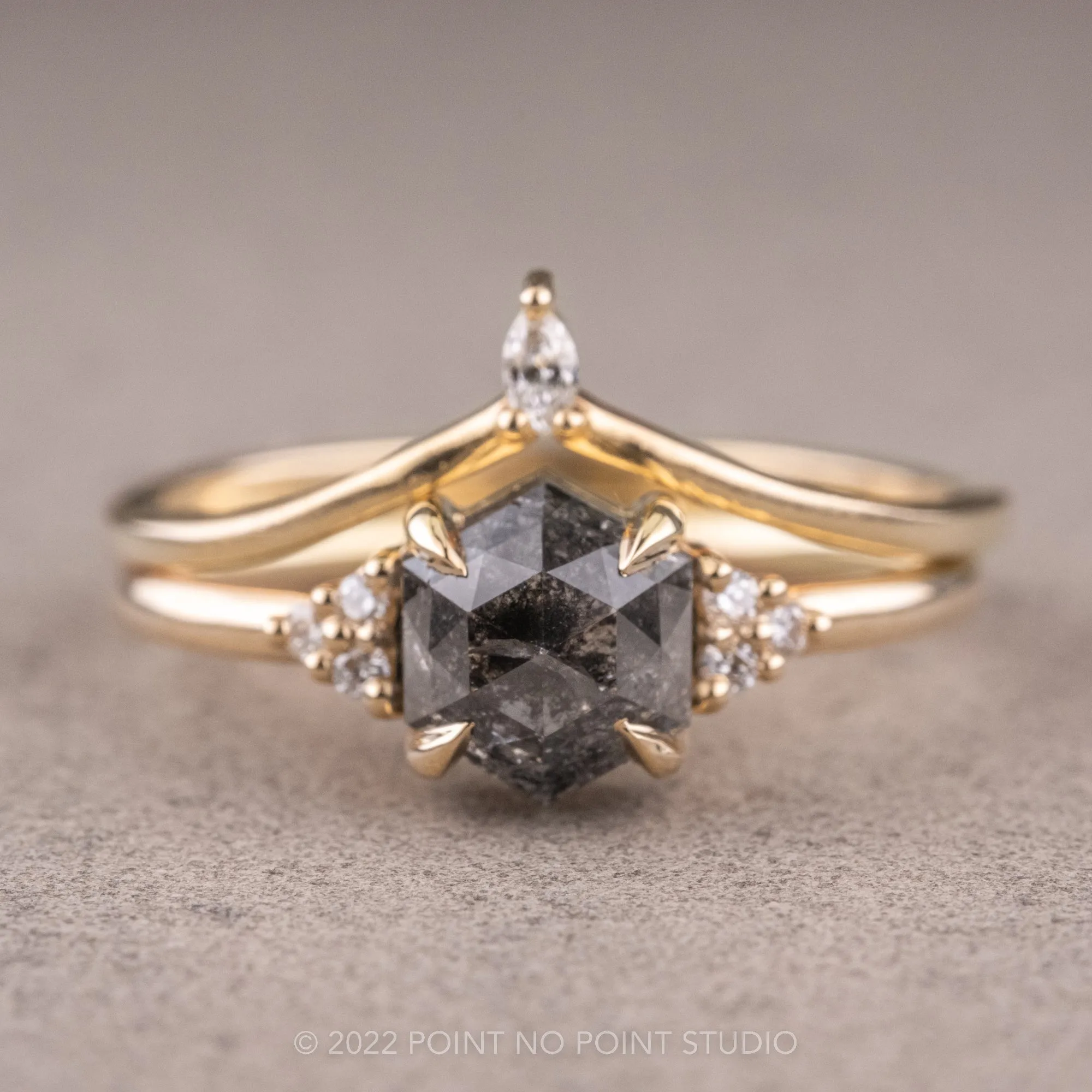 1.13 Carat Salt and Pepper Hexagon Engagement Ring, Quinn Setting, 14k Yellow Gold