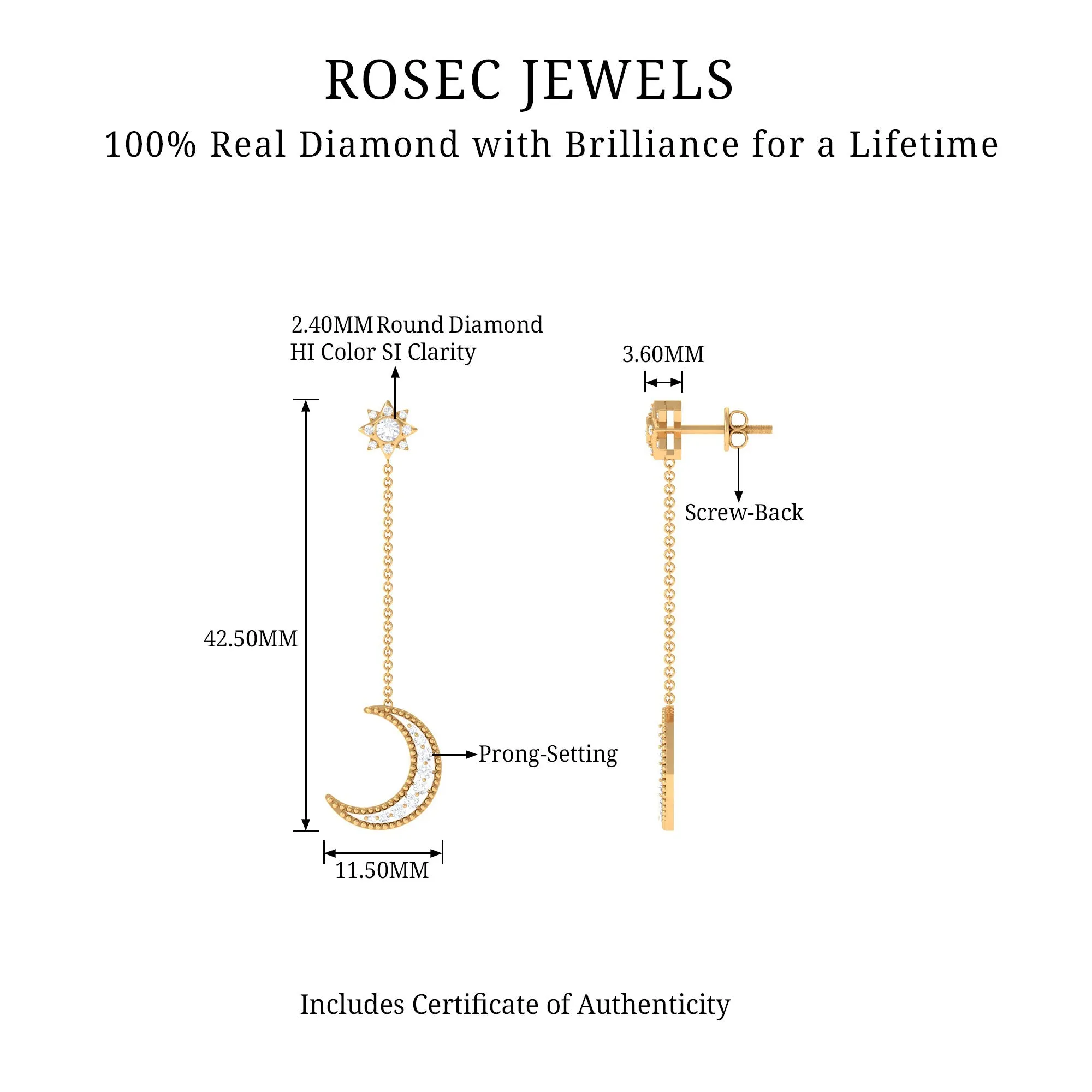 1/2 CT Diamond Star and Moon Drop Chain Earrings