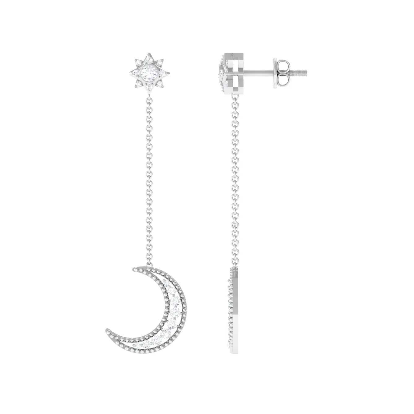1/2 CT Diamond Star and Moon Drop Chain Earrings