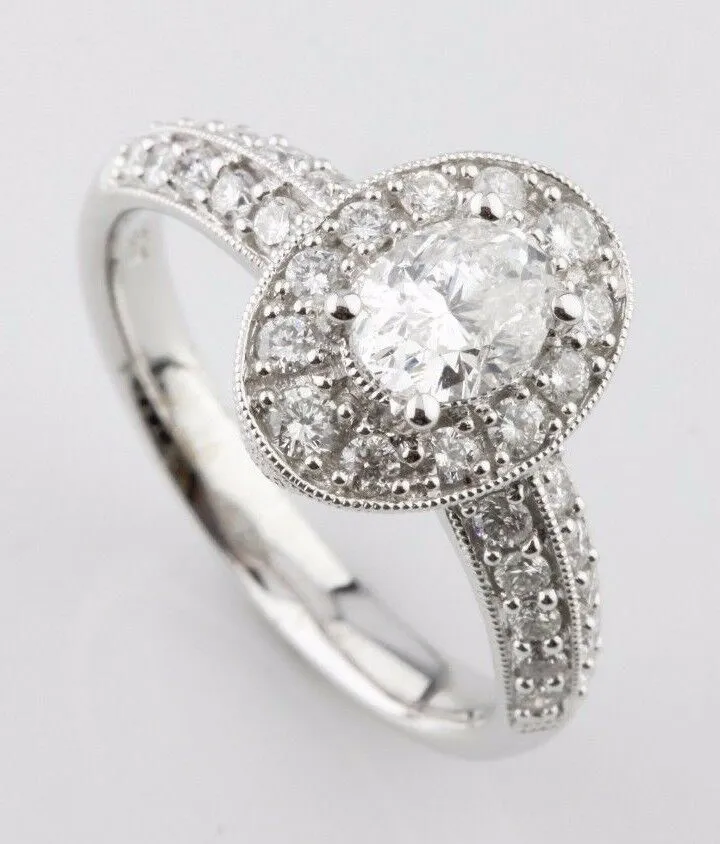 1.24 carat Oval Diamond 18k White Gold Engagement Ring Accents Size 6.5