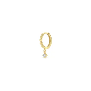 14k Beaded Hinge Huggie Hoop with Dangling Diamond