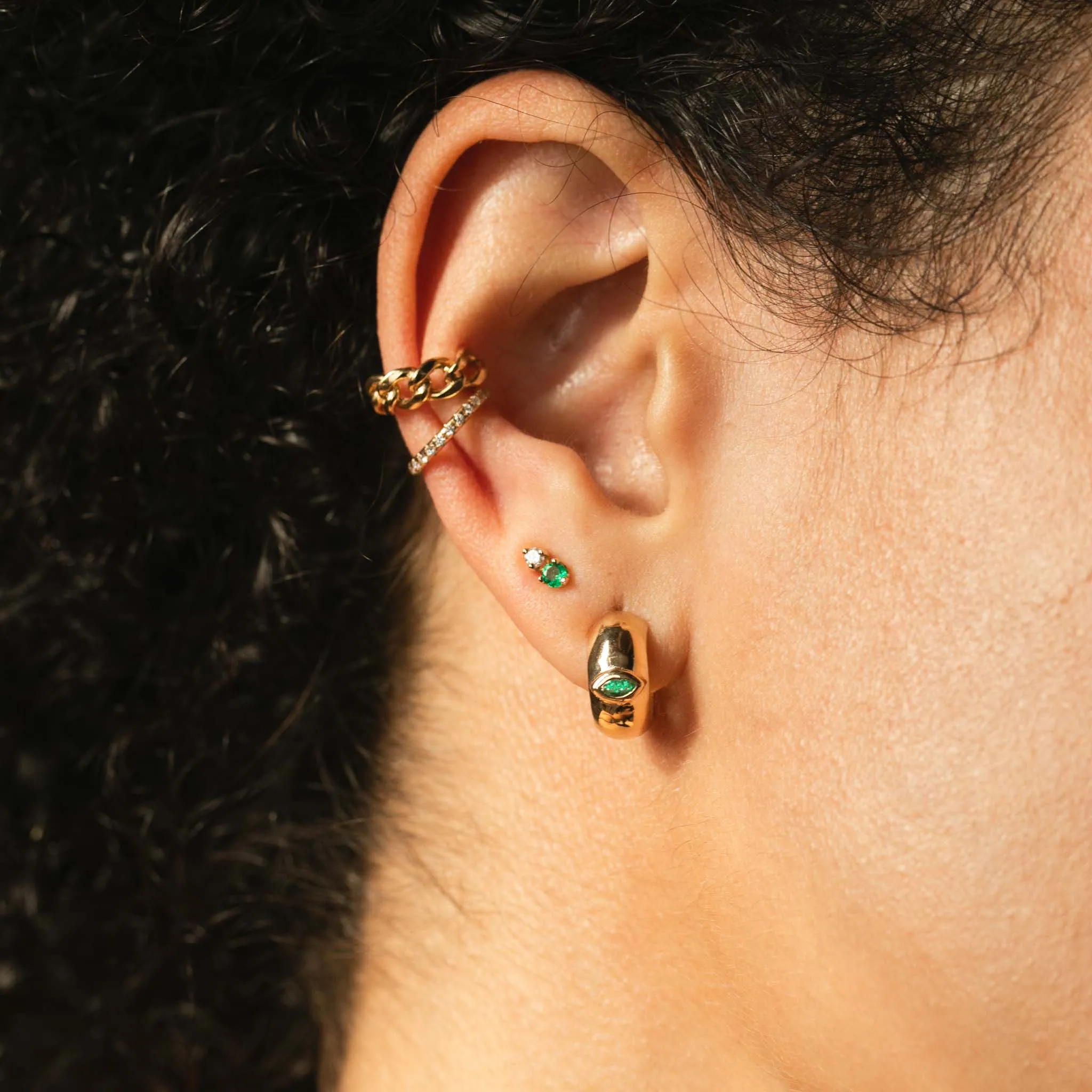 14k Marquise Emerald Wide Chubby Huggie Hoops