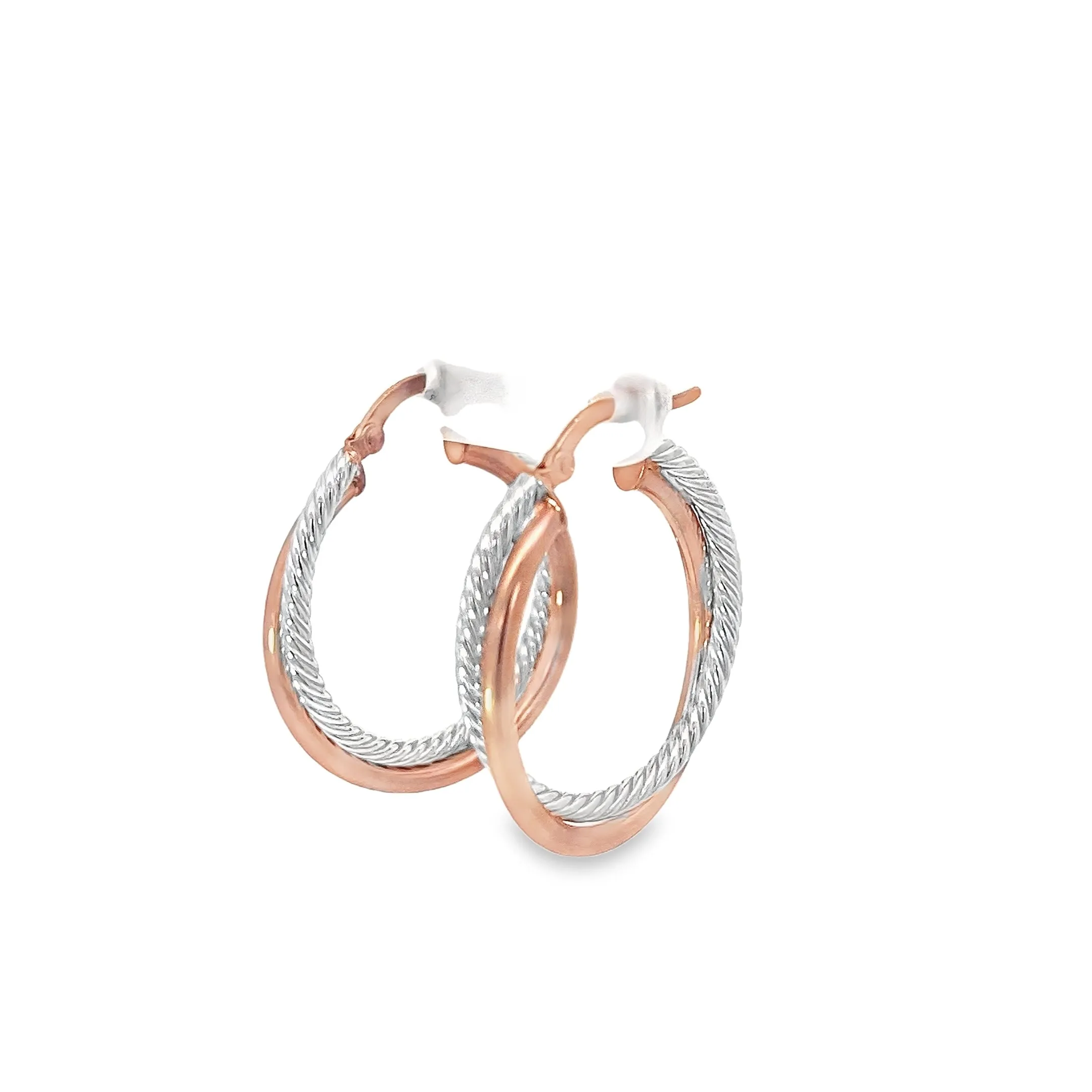 14k Rose /White Gold Twist Tube Hoop Earrings.