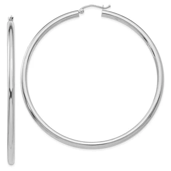 14k White Gold 3MM Round Hoop Earrings