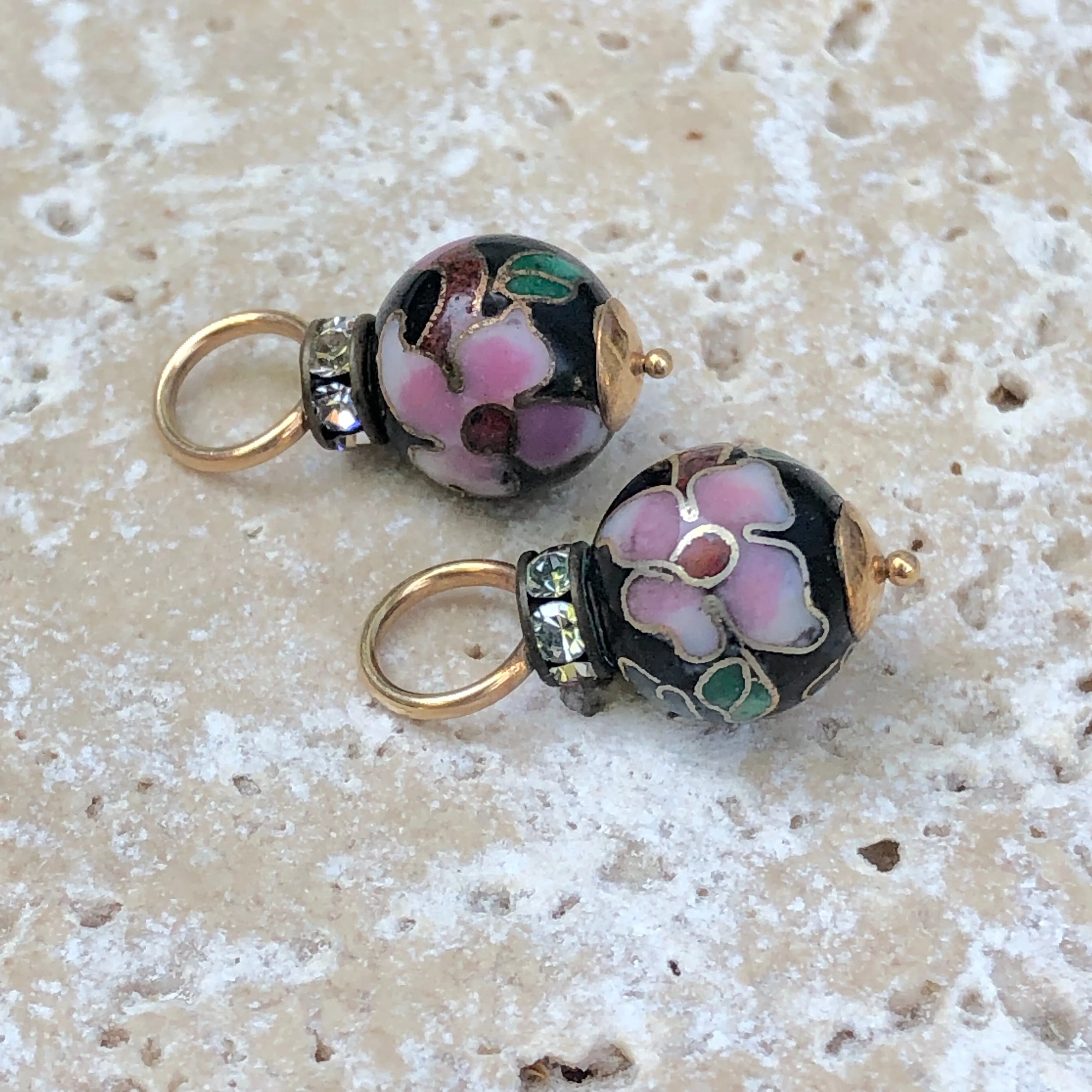 14KT Yellow Gold Black   Pink Multi Color CZ Cloisonne Ball Earring Charms