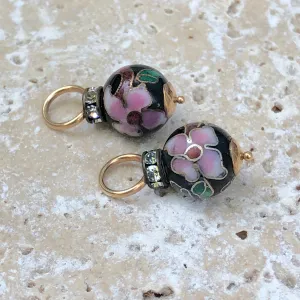 14KT Yellow Gold Black   Pink Multi Color CZ Cloisonne Ball Earring Charms