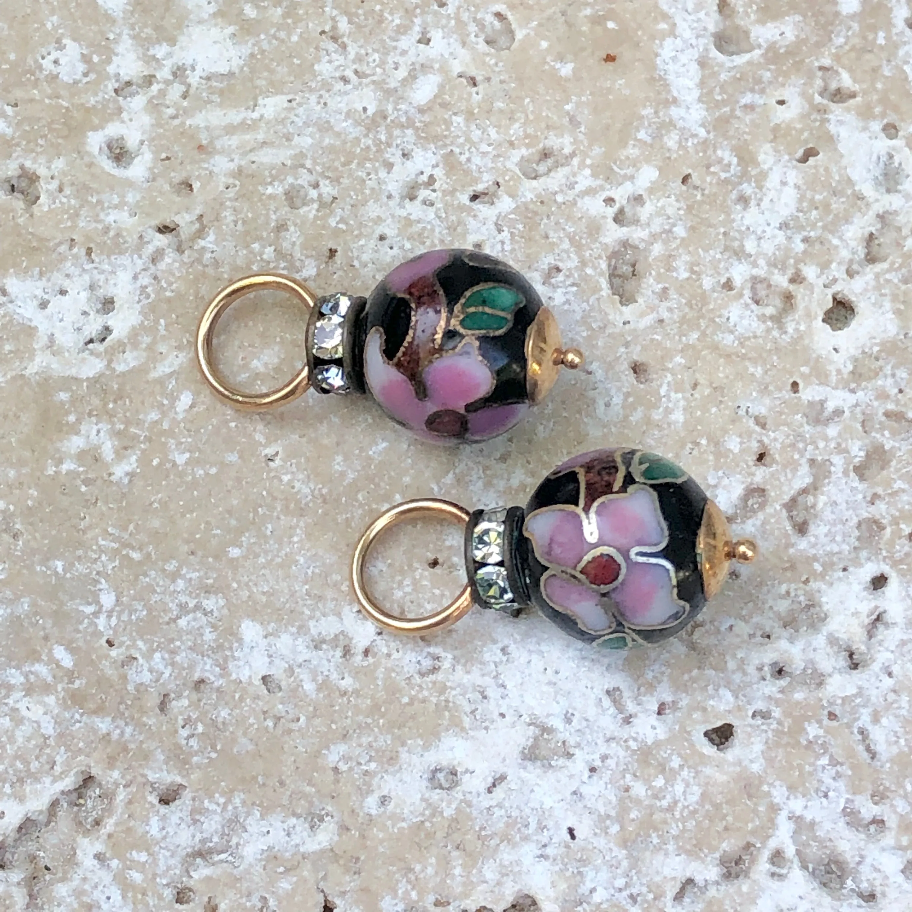 14KT Yellow Gold Black   Pink Multi Color CZ Cloisonne Ball Earring Charms