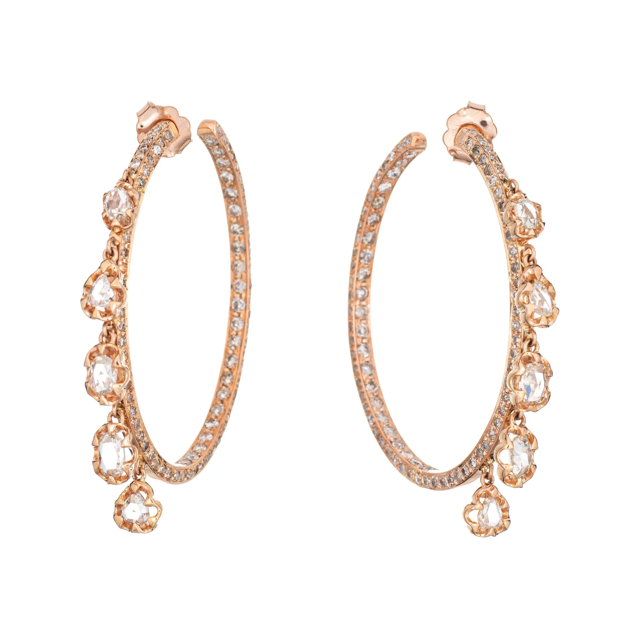 1.50ct Diamond Fringe Hoop Earrings Estate 18k Rose Gold 1.5" Inside Out Jewelry