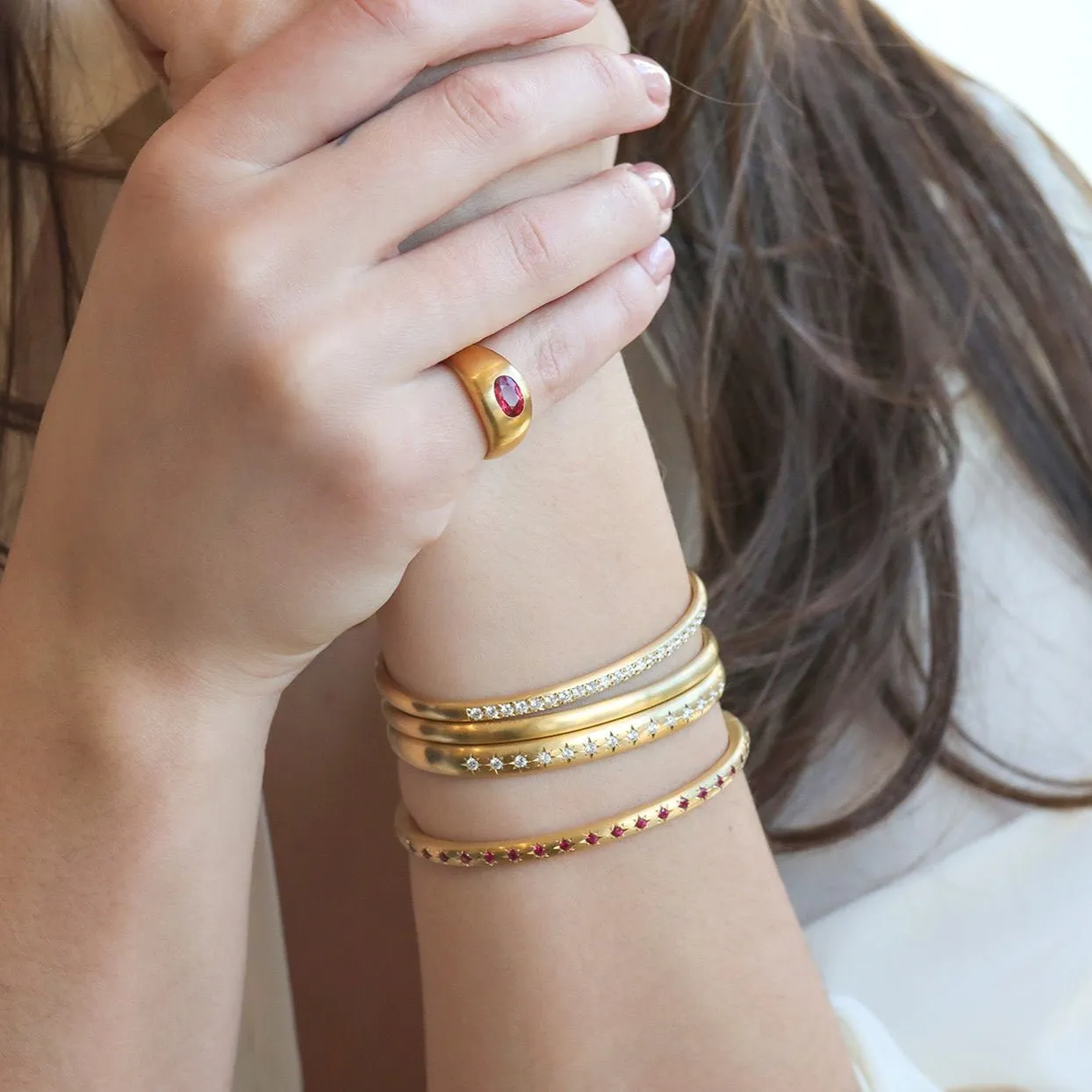 18K Narrow Rounded Cuff Bracelet with 21 Pave Diamonds
