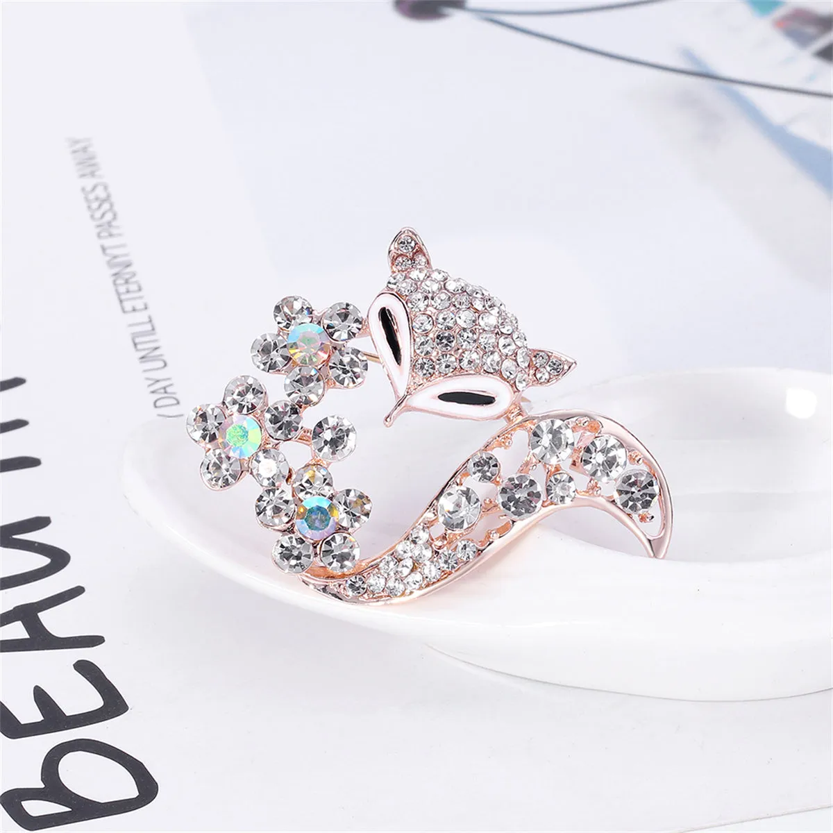 18K Rose Gold-Plated & Clear Cubic Zirconia Floral Fox Brooch