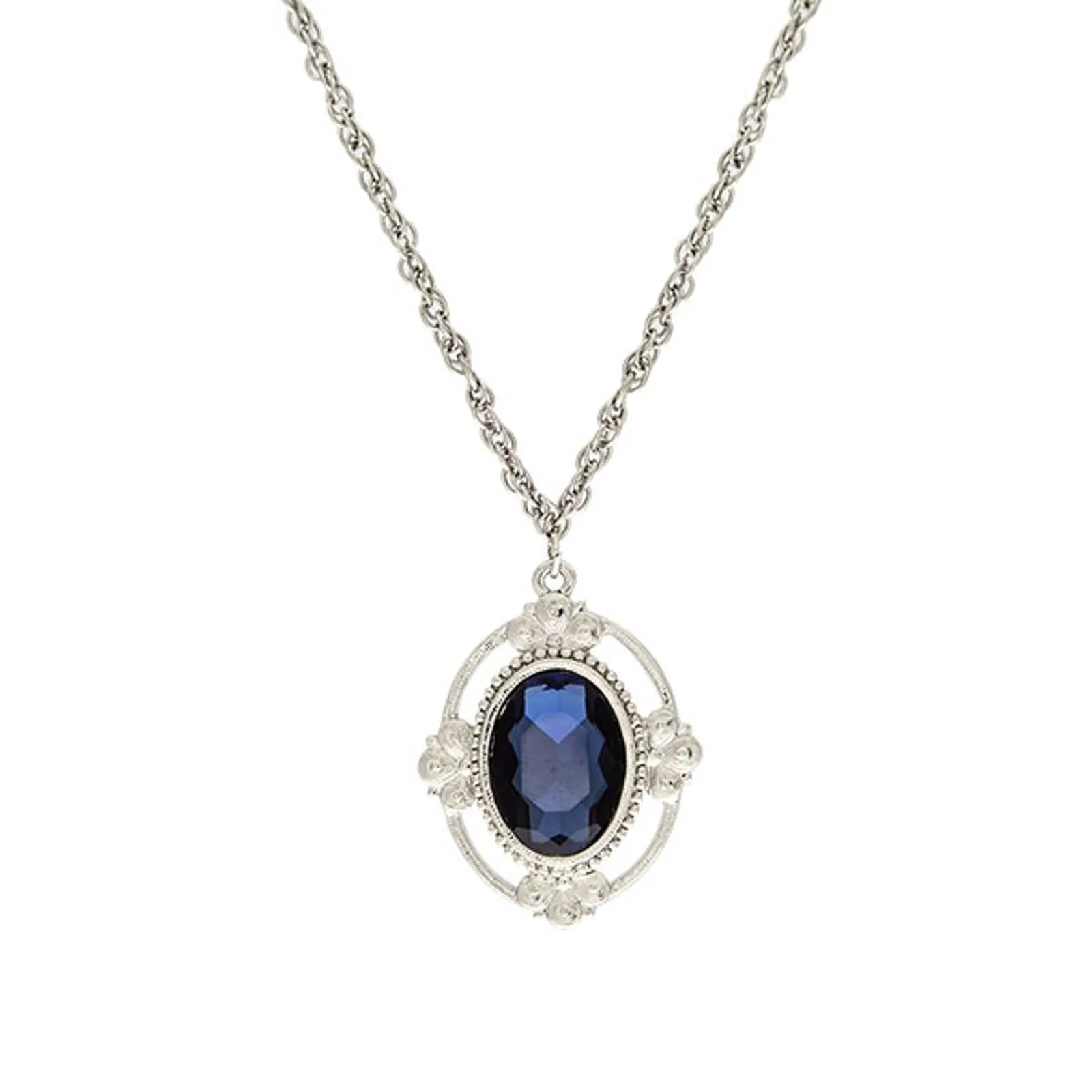 1928 Jewelry Montana Blue Oval Glass Stone Pendant Necklace 16"   3" Extension