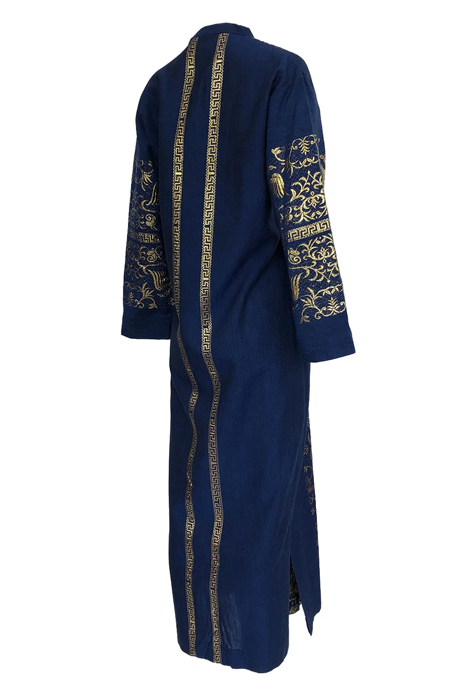1960s Made in Greece Elaborate Metallic Gold Thread on Blue Caftan Dress