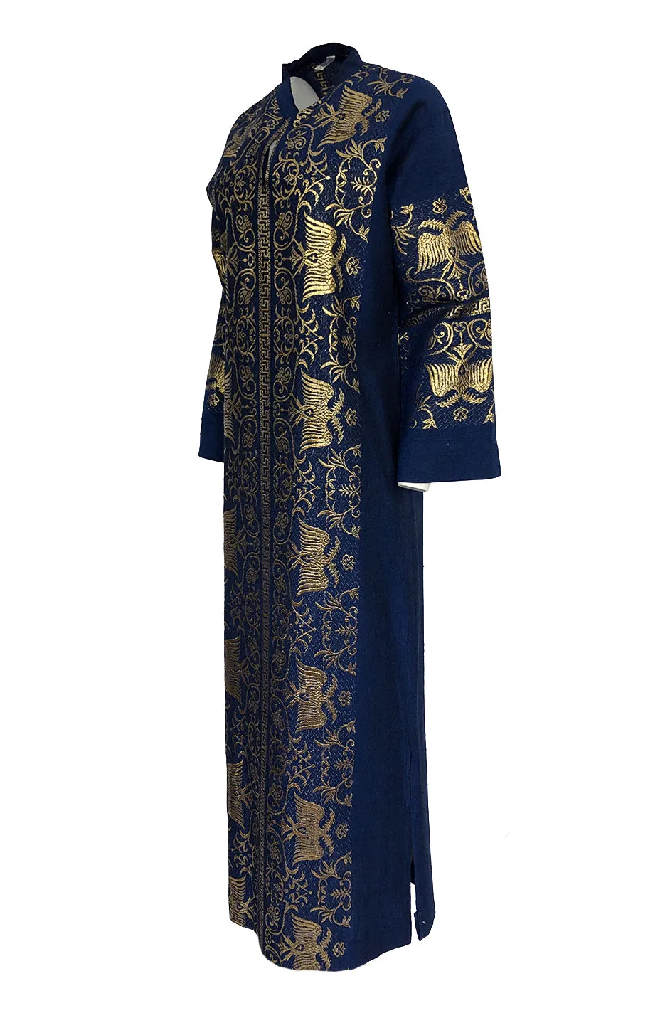 1960s Made in Greece Elaborate Metallic Gold Thread on Blue Caftan Dress