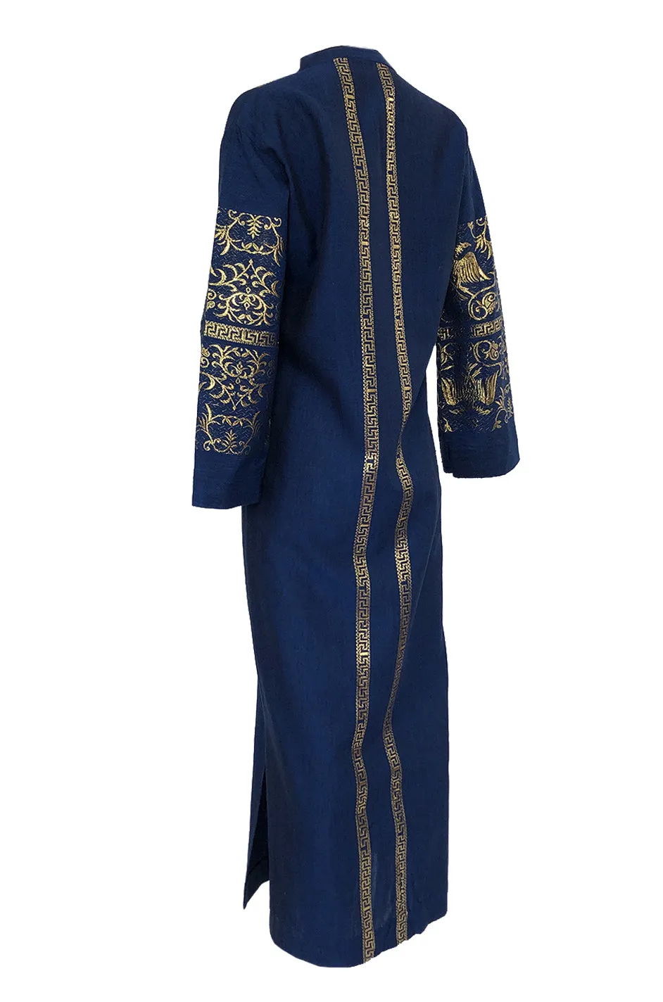 1960s Made in Greece Elaborate Metallic Gold Thread on Blue Caftan Dress