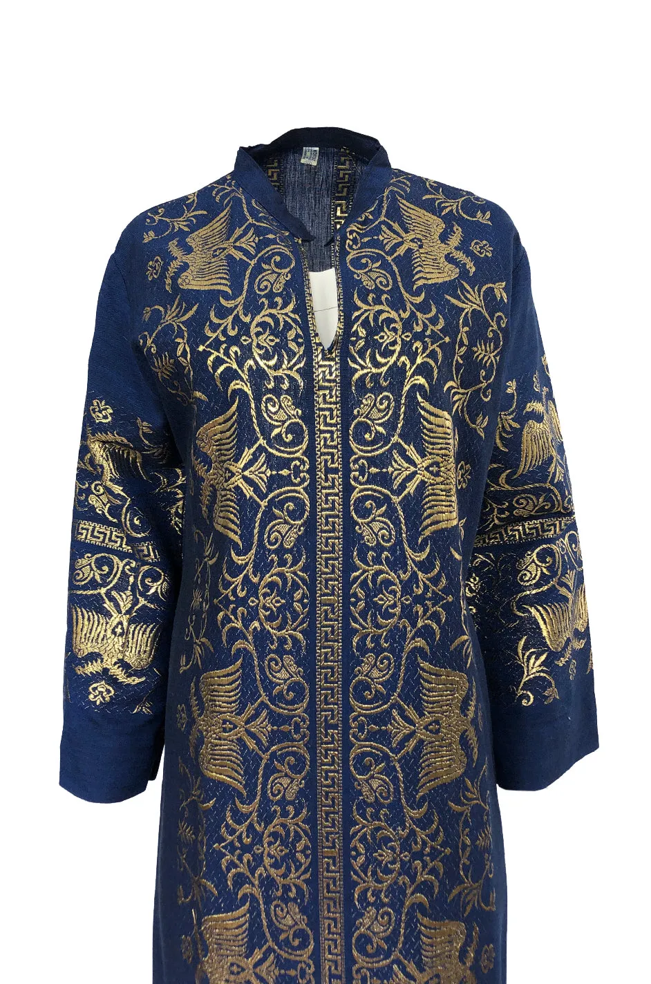 1960s Made in Greece Elaborate Metallic Gold Thread on Blue Caftan Dress