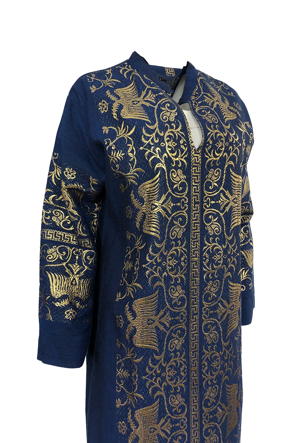1960s Made in Greece Elaborate Metallic Gold Thread on Blue Caftan Dress