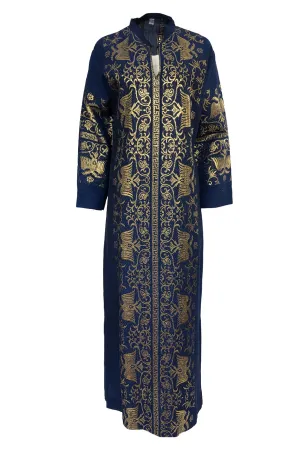 1960s Made in Greece Elaborate Metallic Gold Thread on Blue Caftan Dress