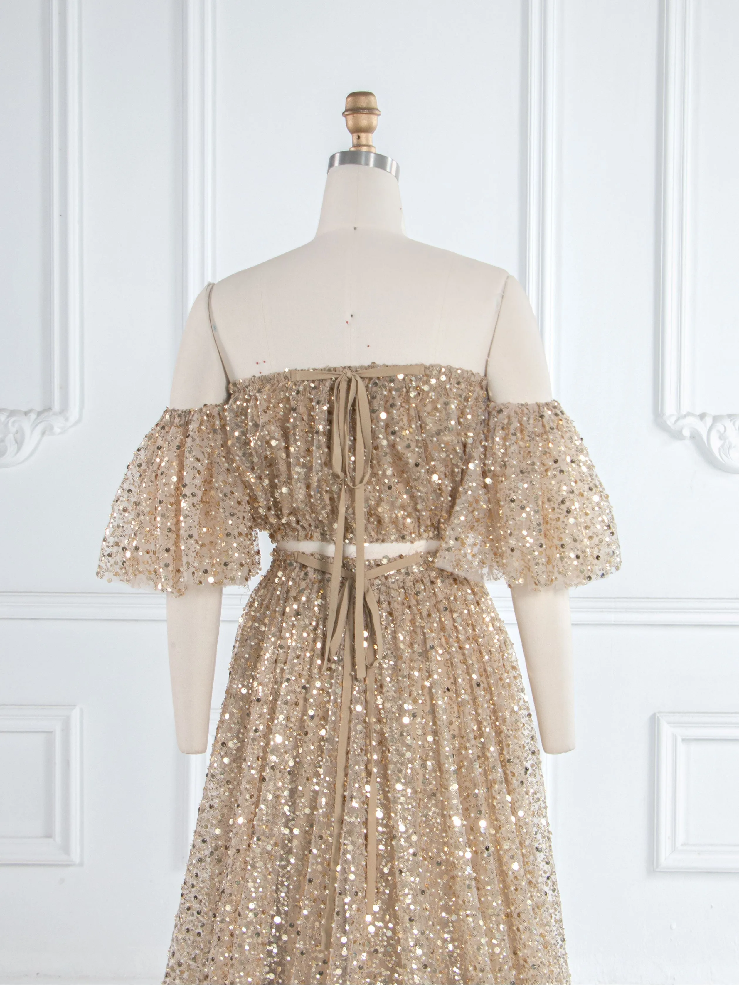 2 Piece Set Gold Sequin with Pearls Matrenity Boho Dress for Photoshoot Pregnancy Photography Baby Shower Dress YW243162