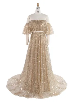 2 Piece Set Gold Sequin with Pearls Matrenity Boho Dress for Photoshoot Pregnancy Photography Baby Shower Dress YW243162