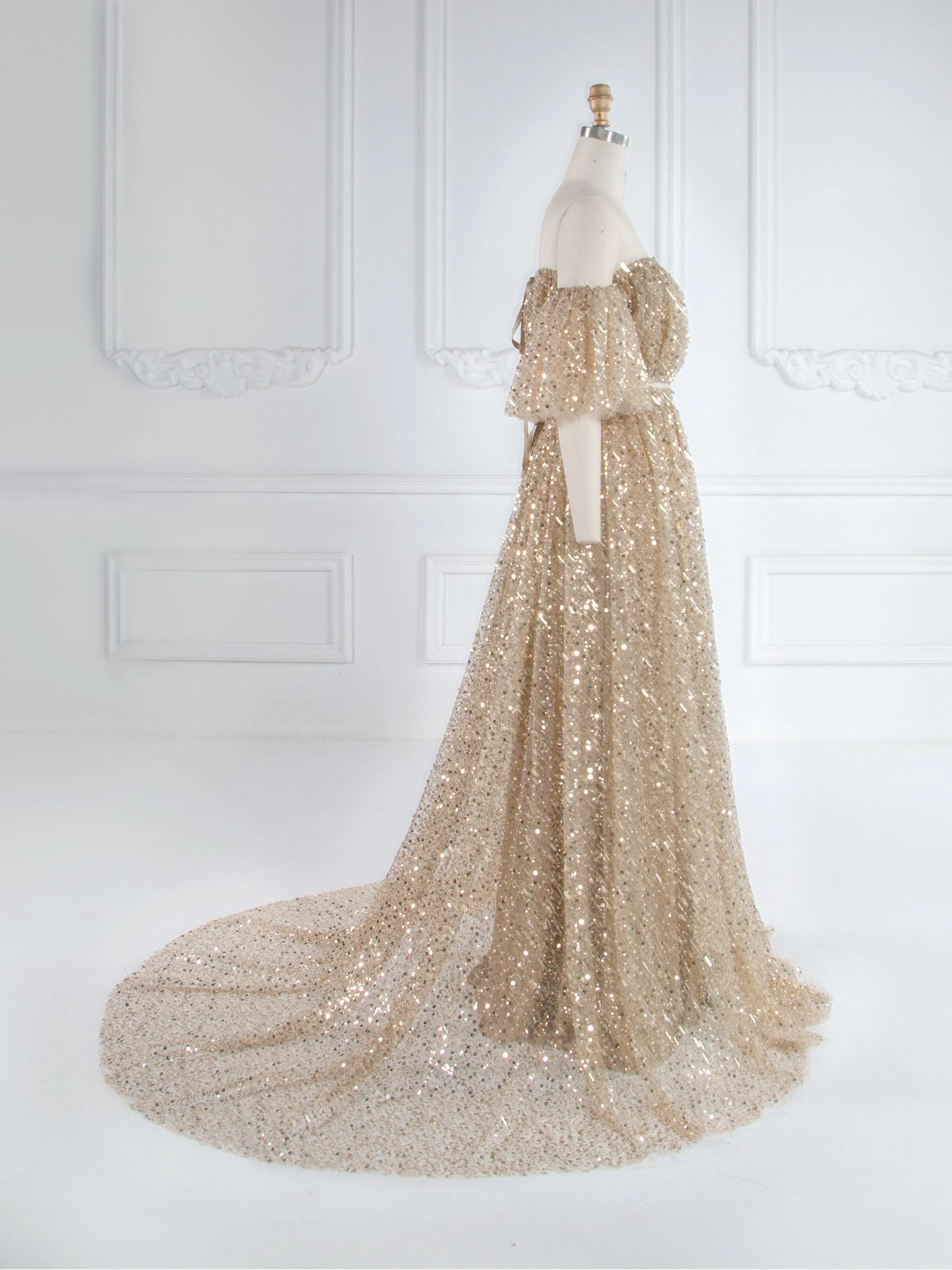 2 Piece Set Gold Sequin with Pearls Matrenity Boho Dress for Photoshoot Pregnancy Photography Baby Shower Dress YW243162