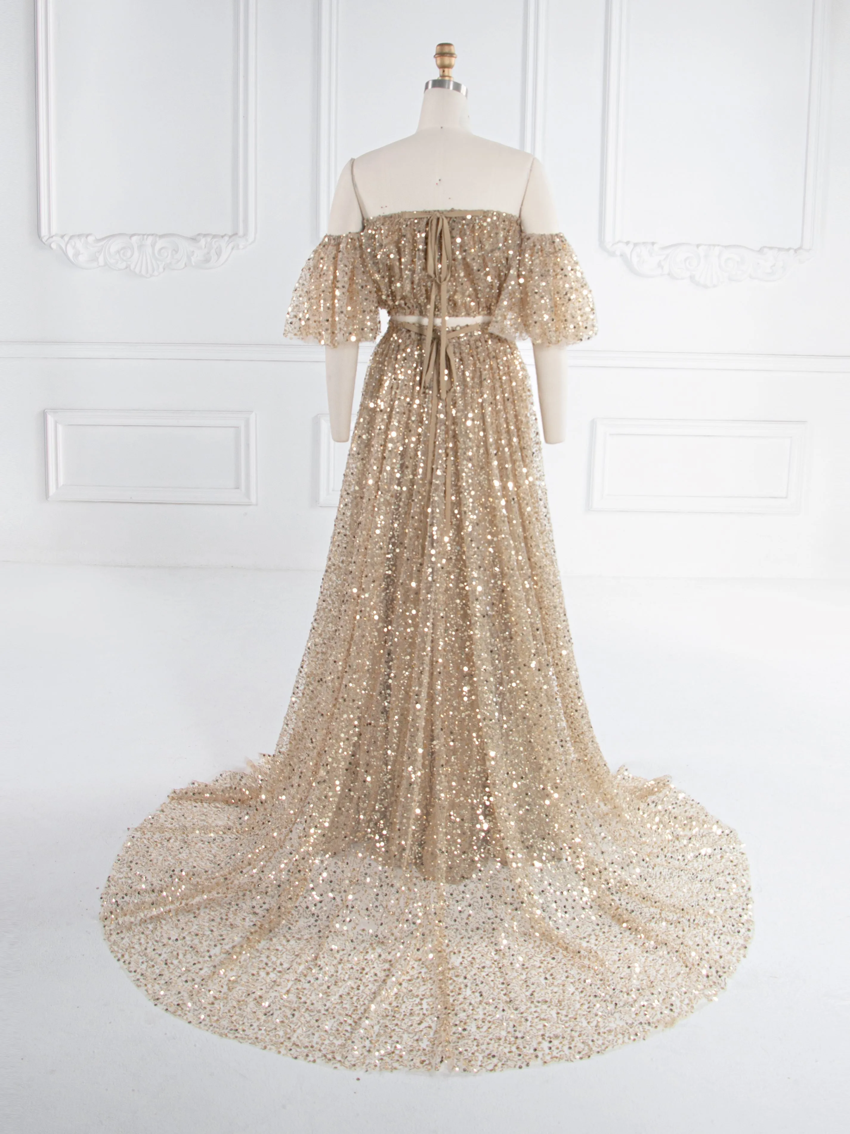 2 Piece Set Gold Sequin with Pearls Matrenity Boho Dress for Photoshoot Pregnancy Photography Baby Shower Dress YW243162