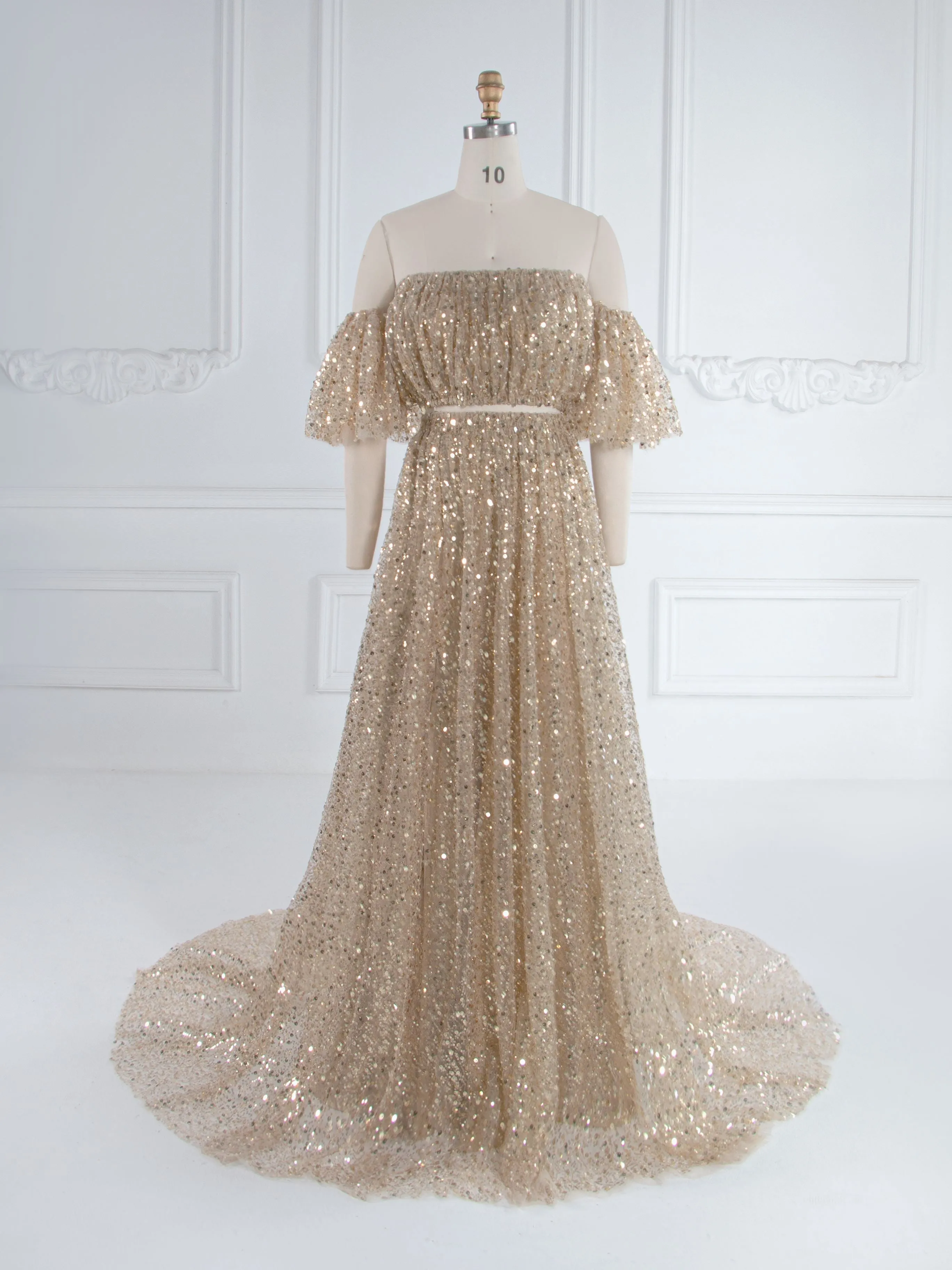 2 Piece Set Gold Sequin with Pearls Matrenity Boho Dress for Photoshoot Pregnancy Photography Baby Shower Dress YW243162