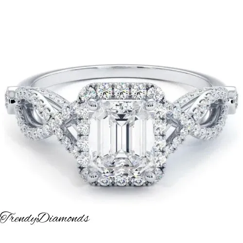 2.32 Carat G-SI1 EGL Certified Emerald Cut Diamond Engagement Ring 18k Pave Halo