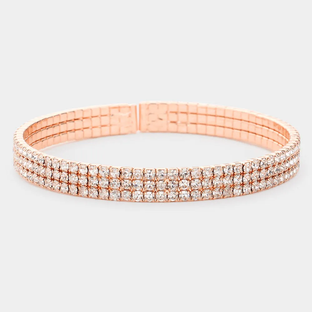 3 Row Rhinestone Cuff Bracelet on Rose Gold | Pageant Jewelry | 533497