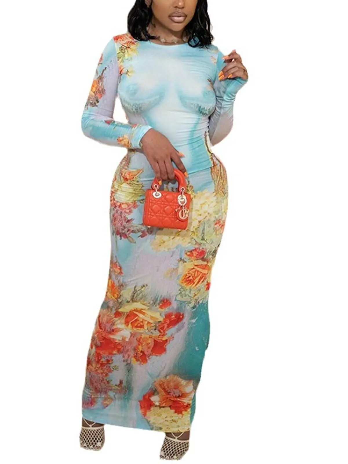 3D Floral Long Sleeve Maxi Dresses