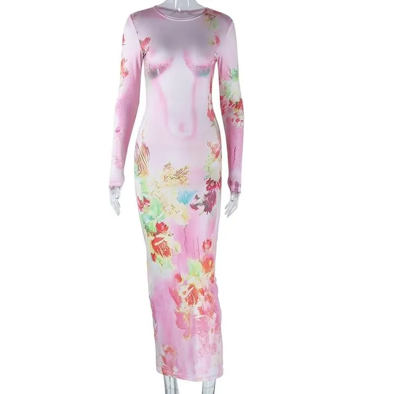 3D Floral Long Sleeve Maxi Dresses