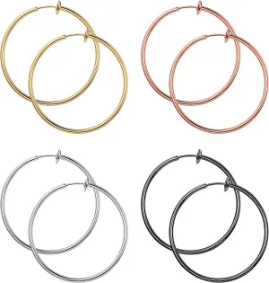 4 Pairs Stainless Fake Hoop Earrings for Woman Men Big Clip On Hoop Earrings Set Non-Pierced Ear
