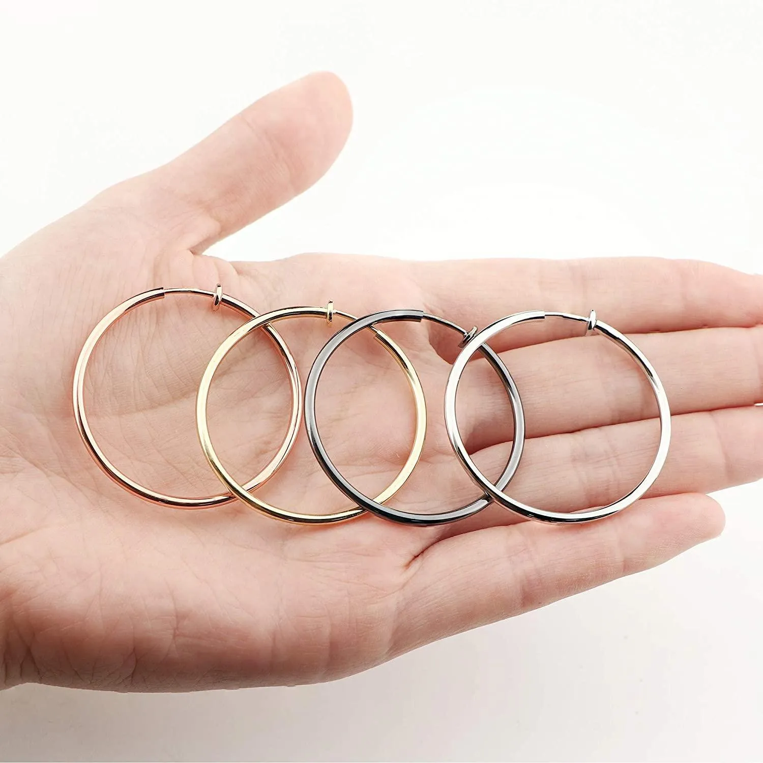 4 Pairs Stainless Fake Hoop Earrings for Woman Men Big Clip On Hoop Earrings Set Non-Pierced Ear