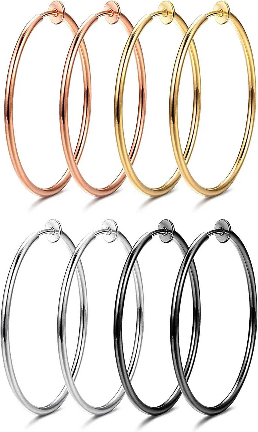 4 Pairs Stainless Fake Hoop Earrings for Woman Men Big Clip On Hoop Earrings Set Non-Pierced Ear
