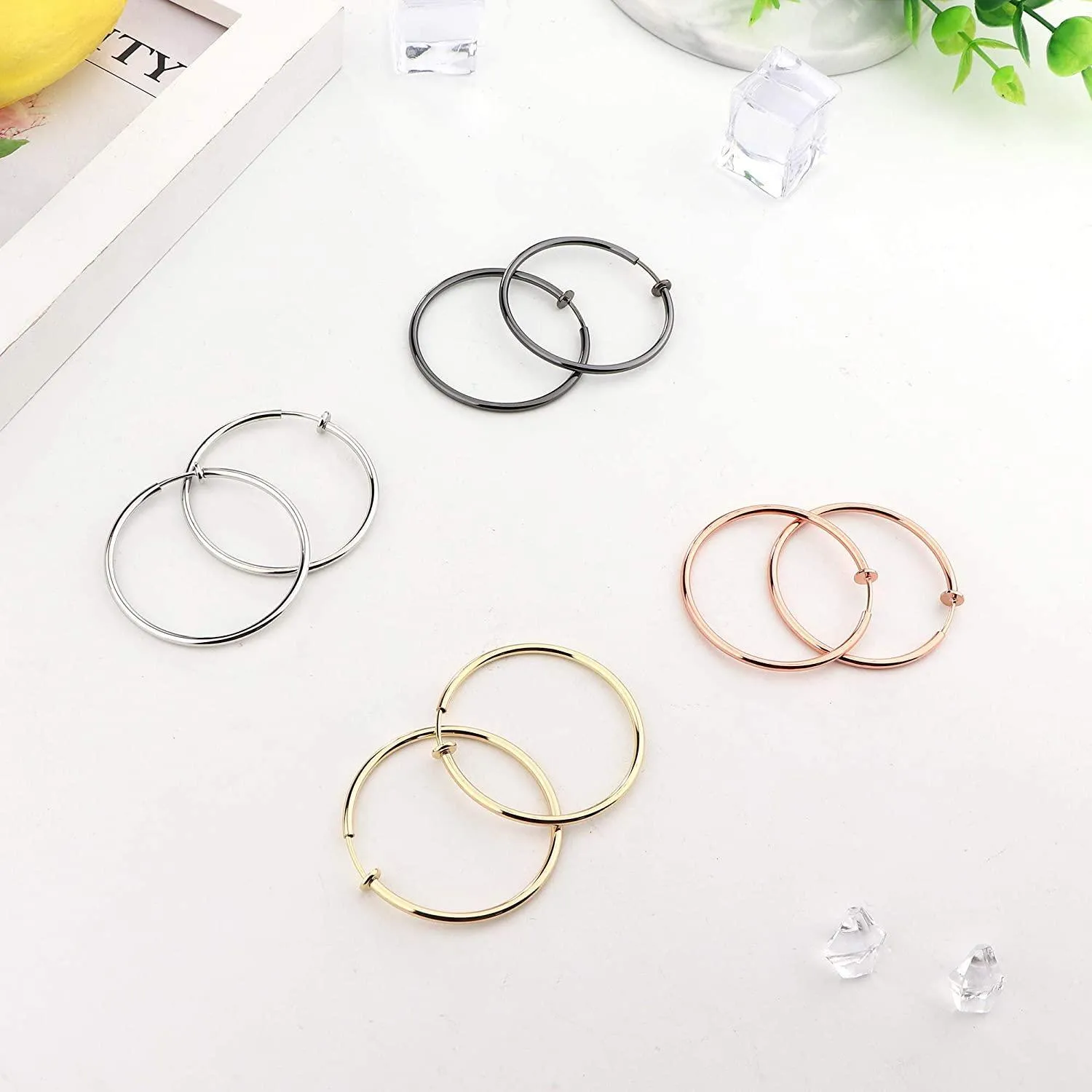 4 Pairs Stainless Fake Hoop Earrings for Woman Men Big Clip On Hoop Earrings Set Non-Pierced Ear
