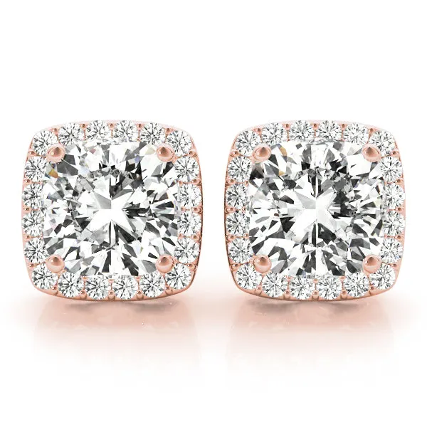 4.40 ct wt Halo Cushion Cut 14k Rose Gold Basket Moissanite Stud Earrings