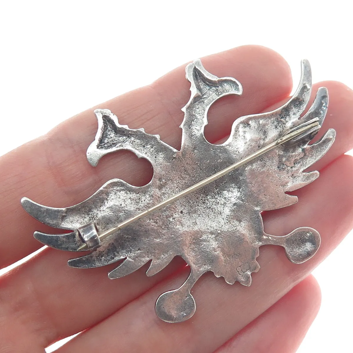 800 Silver Antique Art Deco Poland Double Headed Eagle Oxidized Pin Brooch