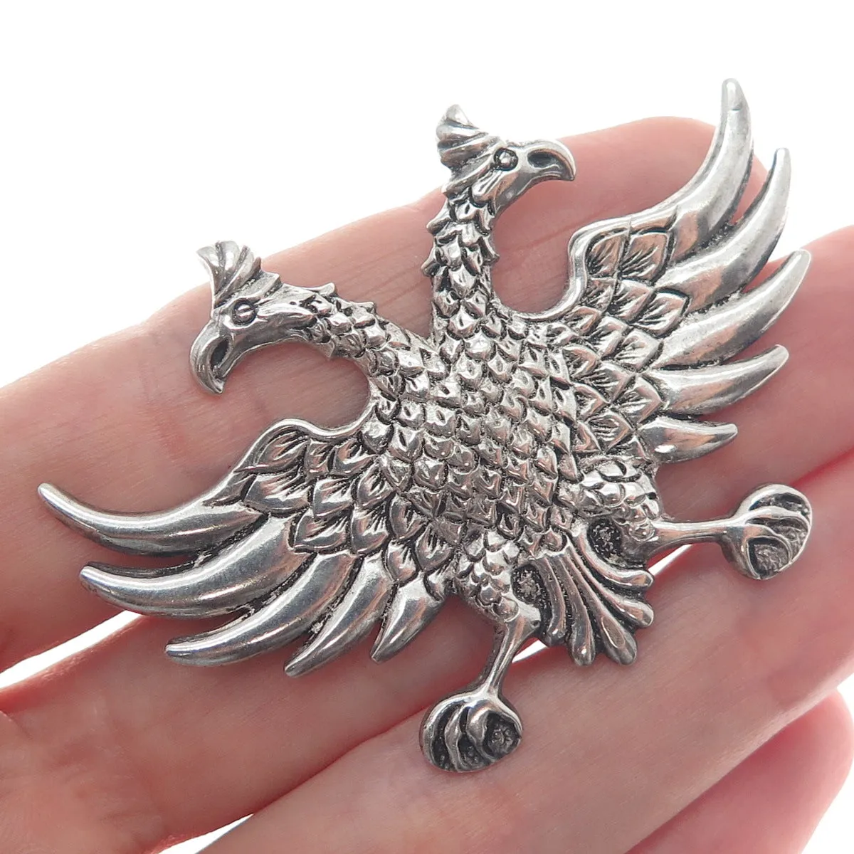 800 Silver Antique Art Deco Poland Double Headed Eagle Oxidized Pin Brooch