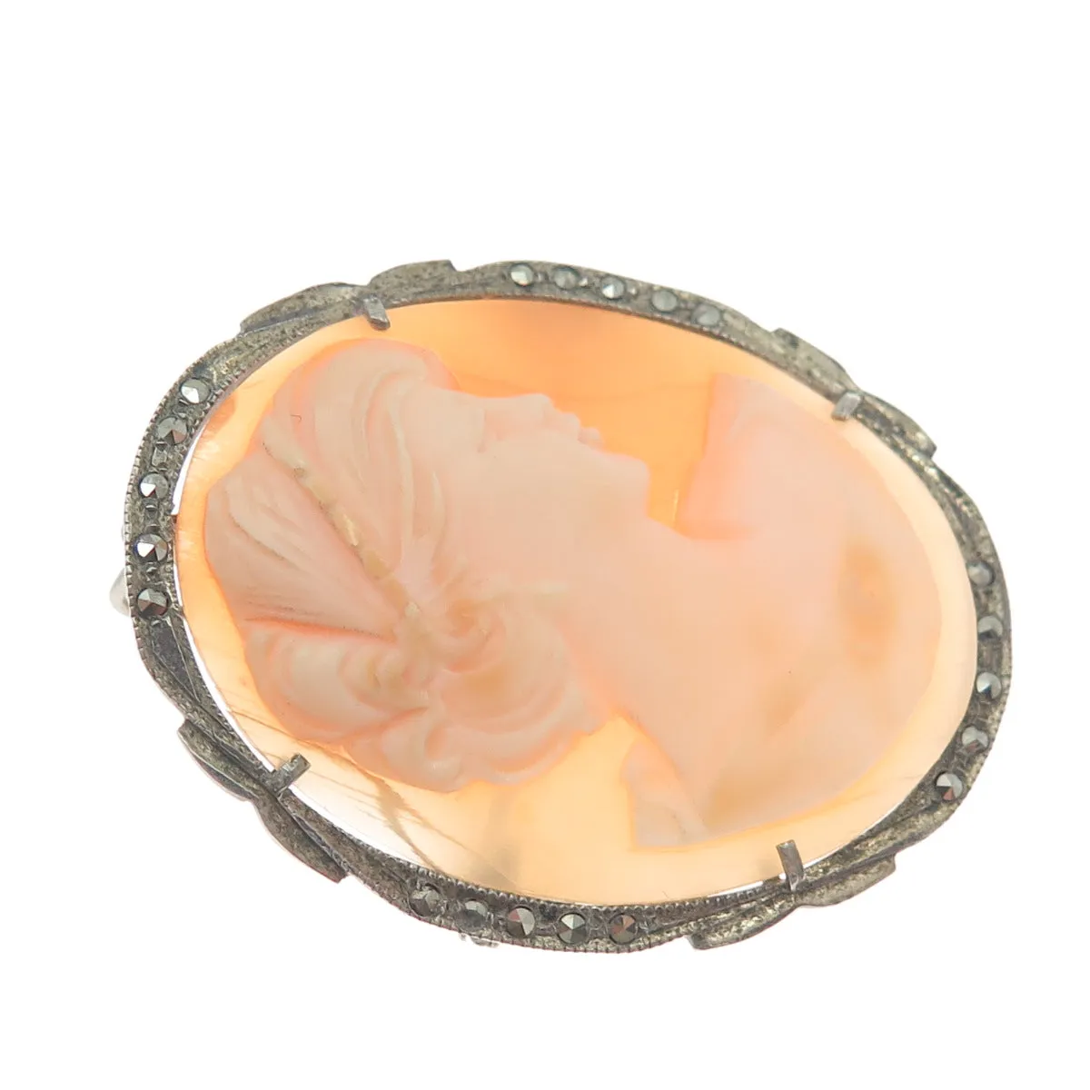800 Silver Antique Real Marcasite Cameo Lady Brooch / Pendant (missing 1 stone)