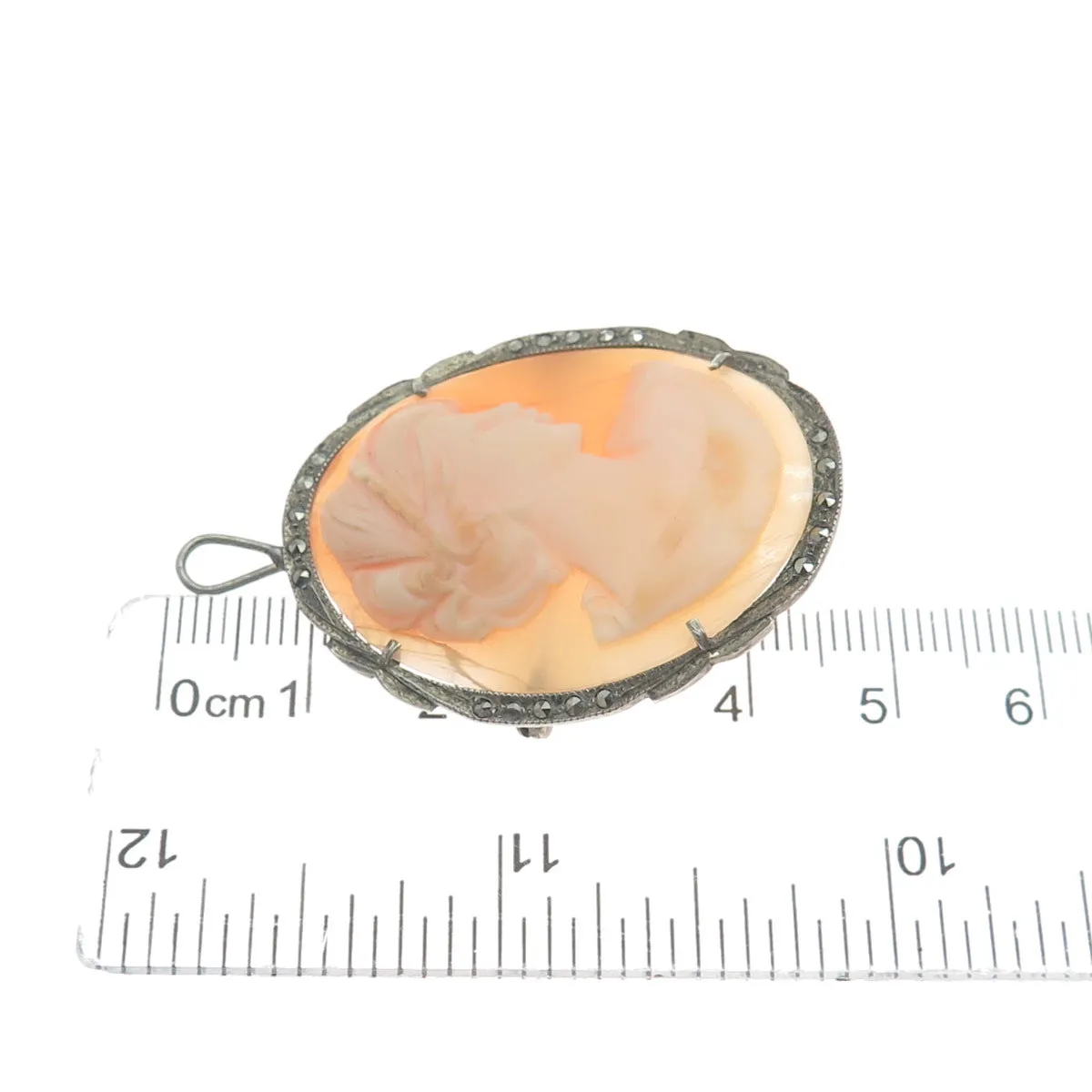 800 Silver Antique Real Marcasite Cameo Lady Brooch / Pendant (missing 1 stone)